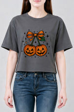 Smiling halloween pumpkin bow crop top