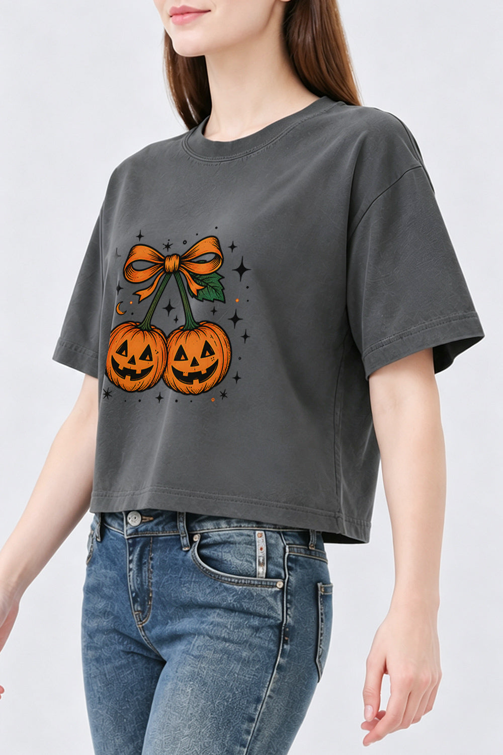 Smiling halloween pumpkin bow crop top