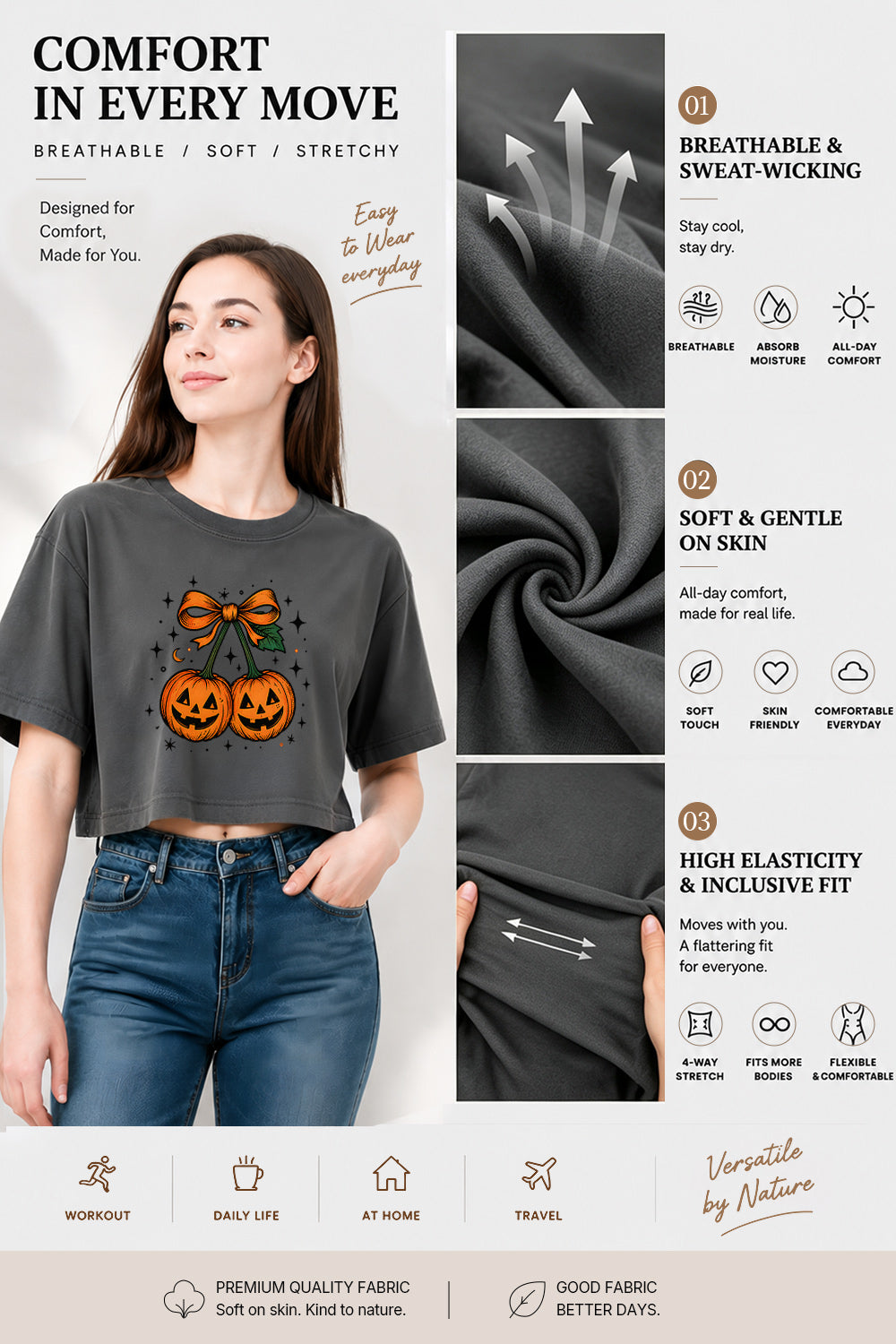 Smiling halloween pumpkin bow crop top