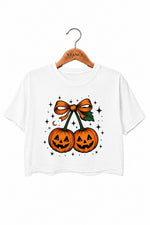 Smiling halloween pumpkin bow crop top