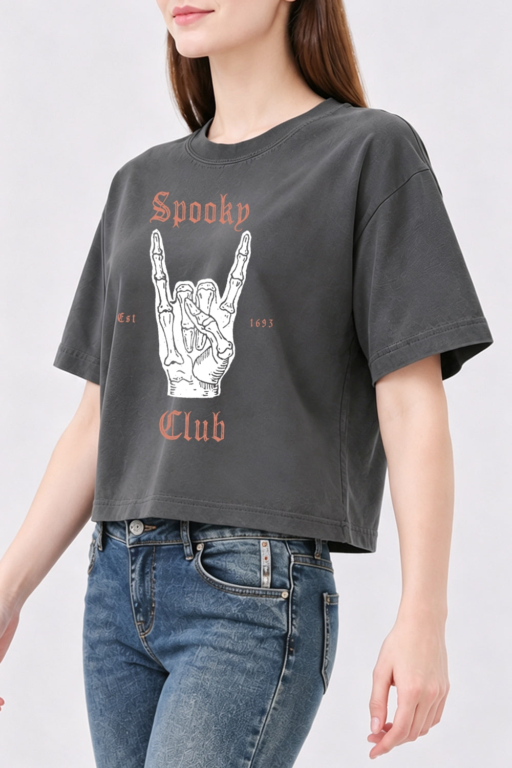 Spooky club rock skeleton crop top