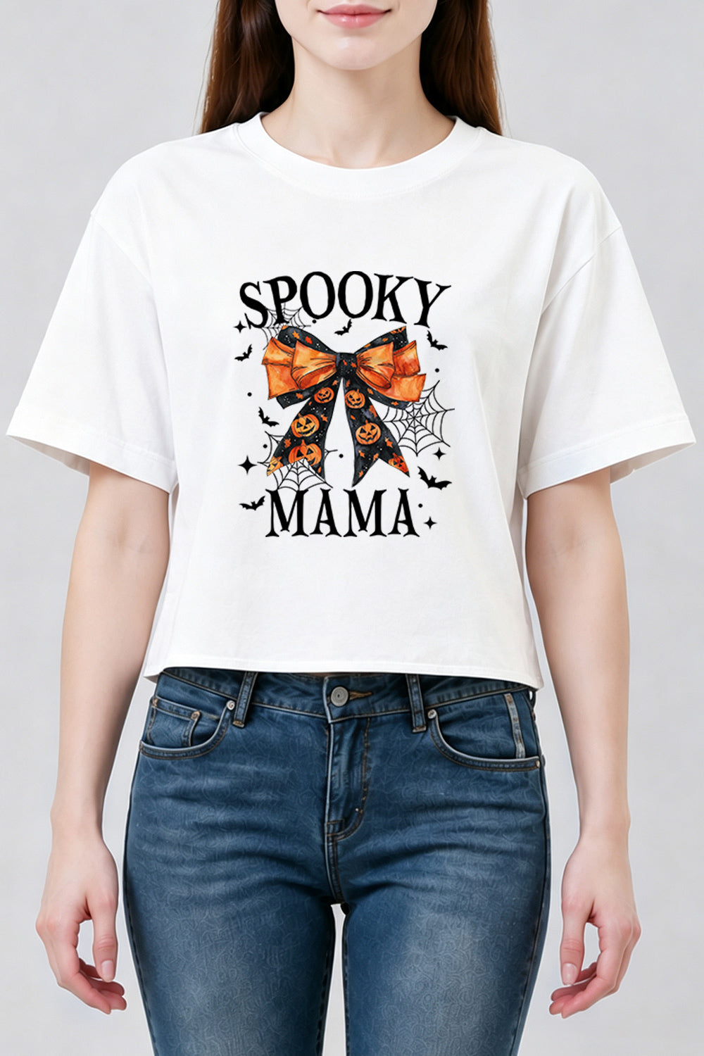 Spooky mama halloween bow crop top