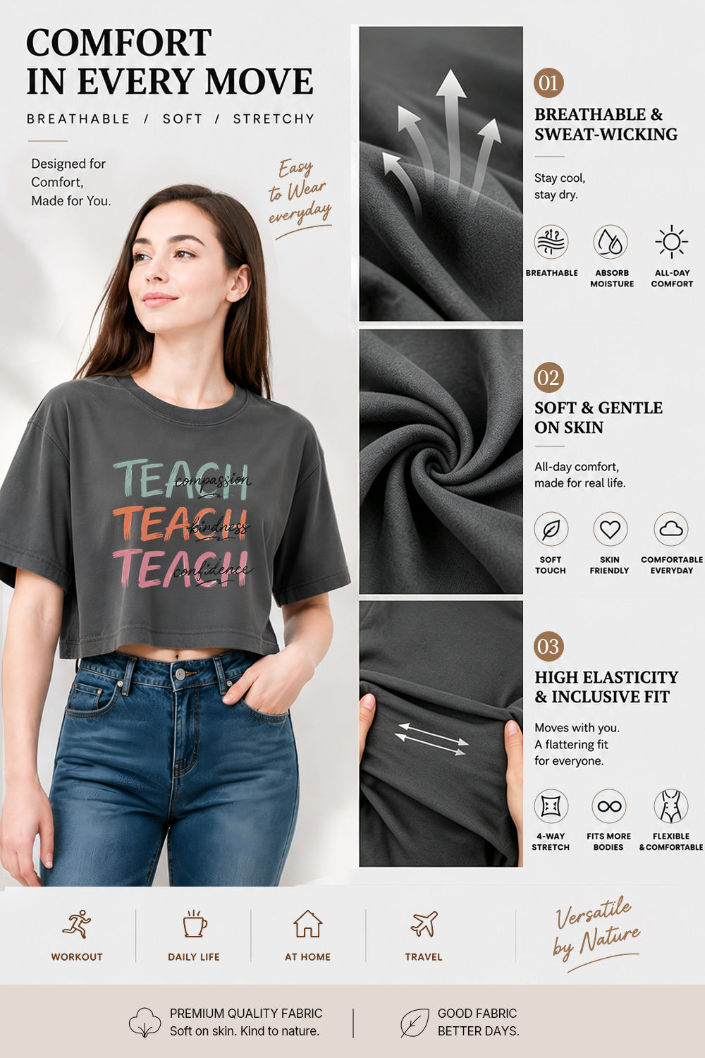 Teach compassion kindness cofidence crop top