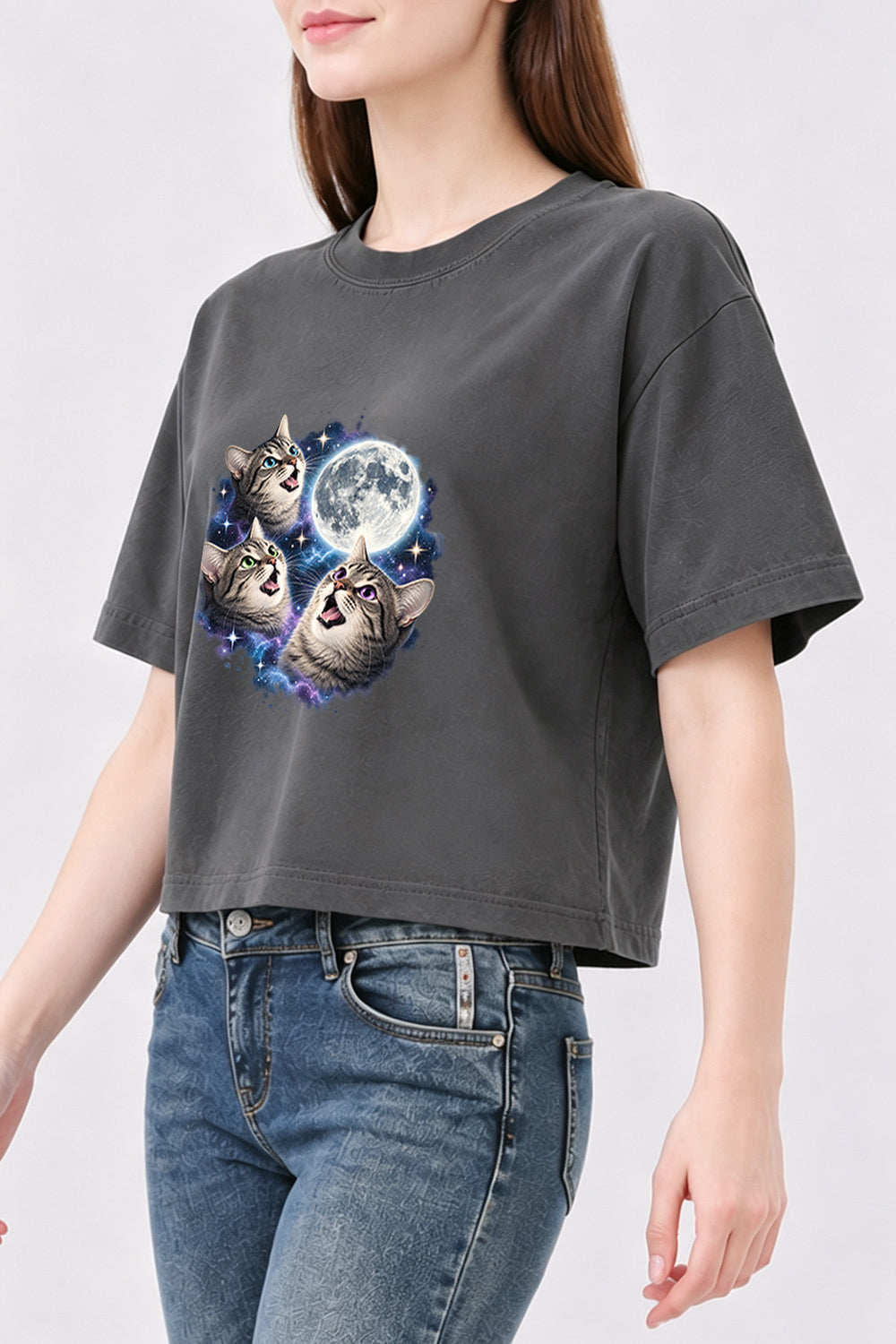 Three cats around the moon crop top